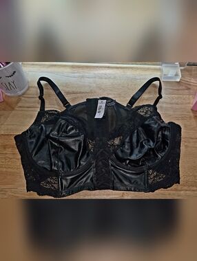 Torrid Black Faux Leather Lace Longline Underwire Bra & Panty Set.